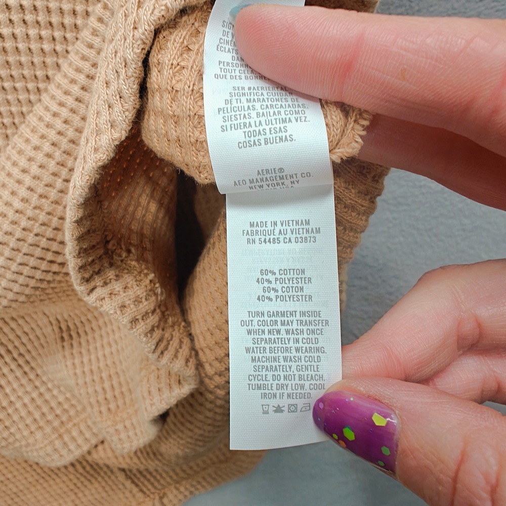 Aerie Oversized Waffle Knit Pullover V-Neck Long Sleeve Womens S‎ Granola Hiking - Picture 6 of 9